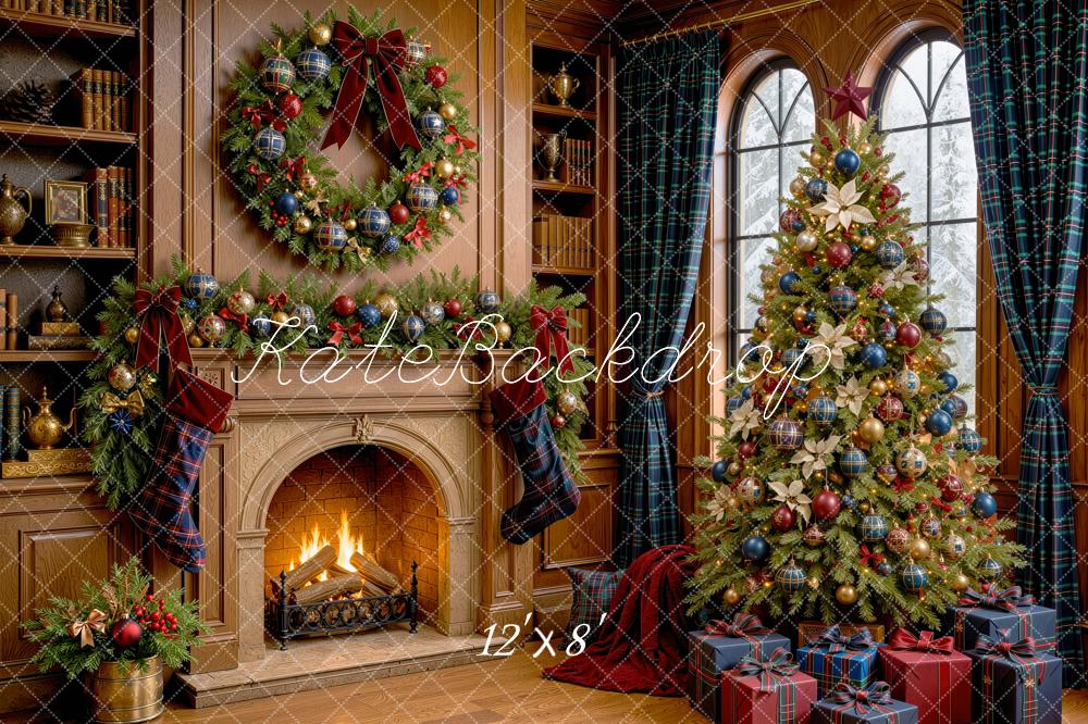 Kate Christmas Fireplace Wreath Tree Blue Plaid Curtains Stockings Gifts Printed Backdrop Designed by Mini MakeBelieve