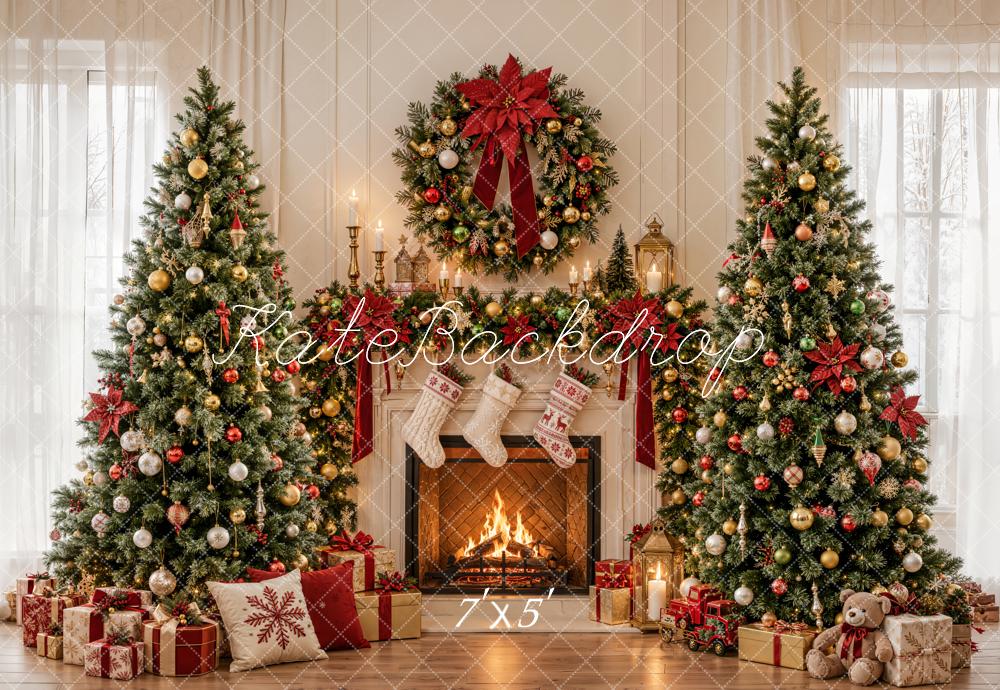 Kate Christmas Fireplace Ornaments Christmas Trees Wreath Printed Backdrop Designed by Emetselch