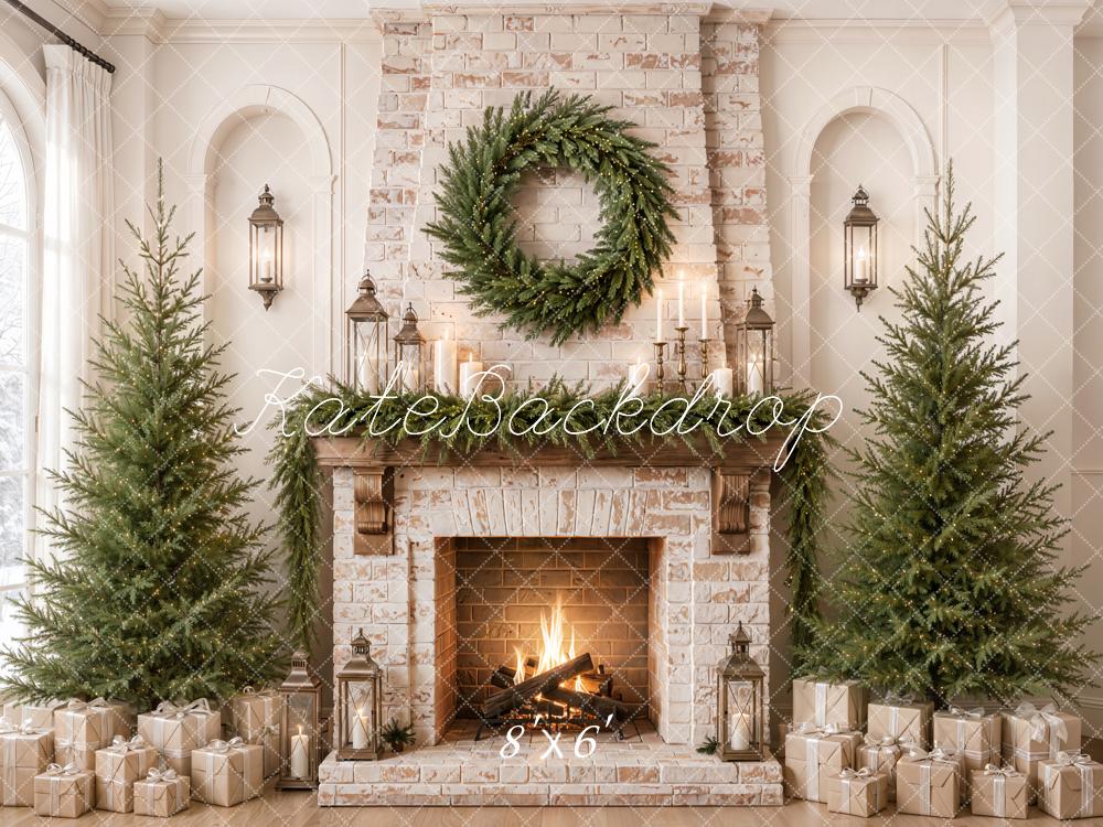 Kate Christmas Fireplace Wreath Evergreen Trees Gifts Printed Backdrop Designed by Emetselch