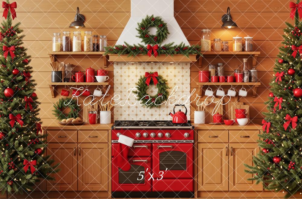 Kate Christmas Kitchen Red Stove Garland Wreath Christmas Tree Backdrop Designed by Patty Roberts