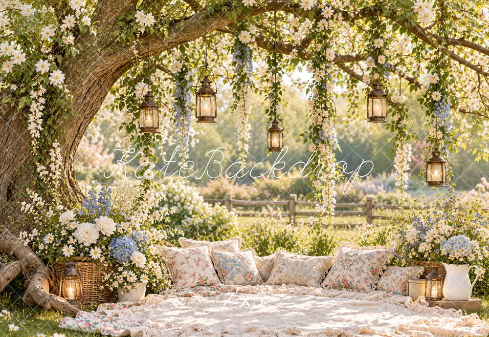 Kate Spring Branch Arch Floral Tree Picnic Hanging Lanterns Printed Backdrop Designed by Emetselch