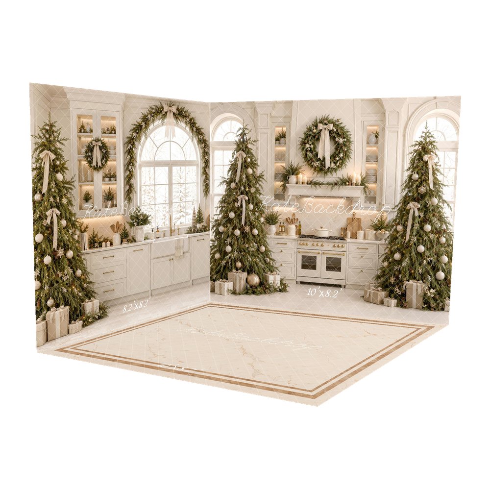 Kate Christmas White Kitchen Trees Wreath Mantel Bow Printed Backdrop Room Set