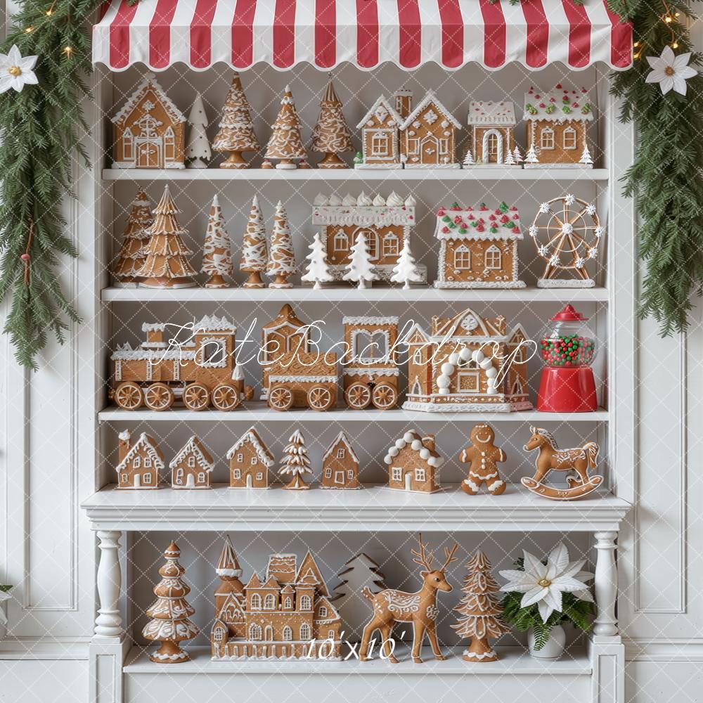 Kate Christmas Gingerbread Baking Storefront Cabinet Red Striped Awning Printed Backdrop Designed by Mini MakeBelieve