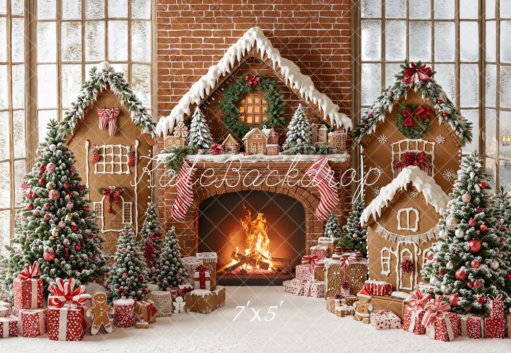 Kate Christmas Gingerbread Fireplace Trees Gifts Brick Wall Backdrop Designed by Emetselch