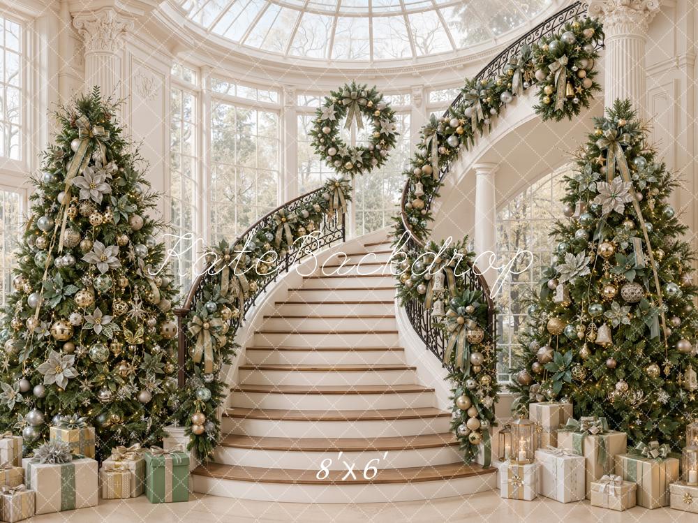 Kate Christmas Trees Cascading Stairs Garland Wreath White Printed Backdrop Designed by Emetselch