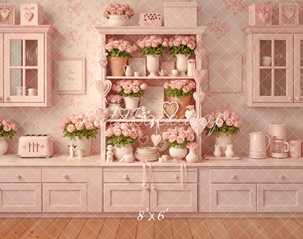 Kate Valentines Pink Kitchen Cabinet Roses Vases Heart Printed Backdrop Designed by Emetselch