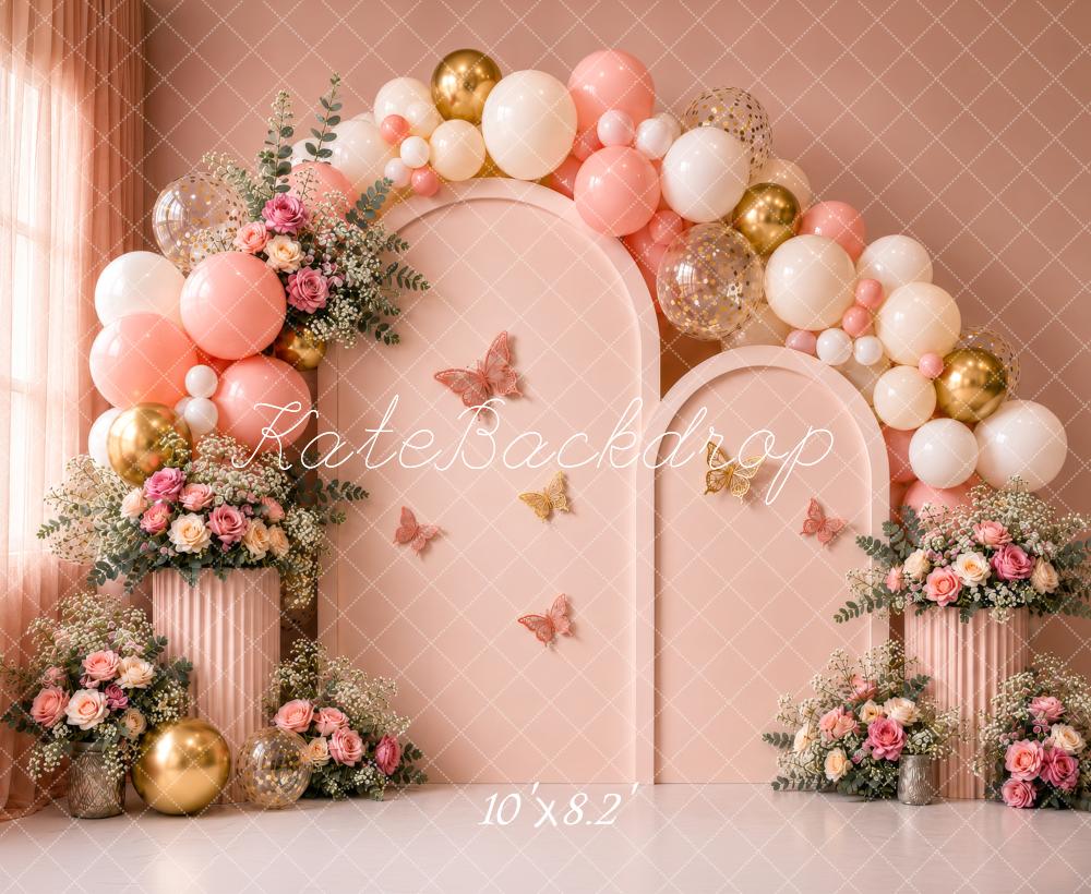 Kate Birthday Pink Balloon Arch Floral Butterflies Printed Backdrop Designed by Shutter Swan Studios
