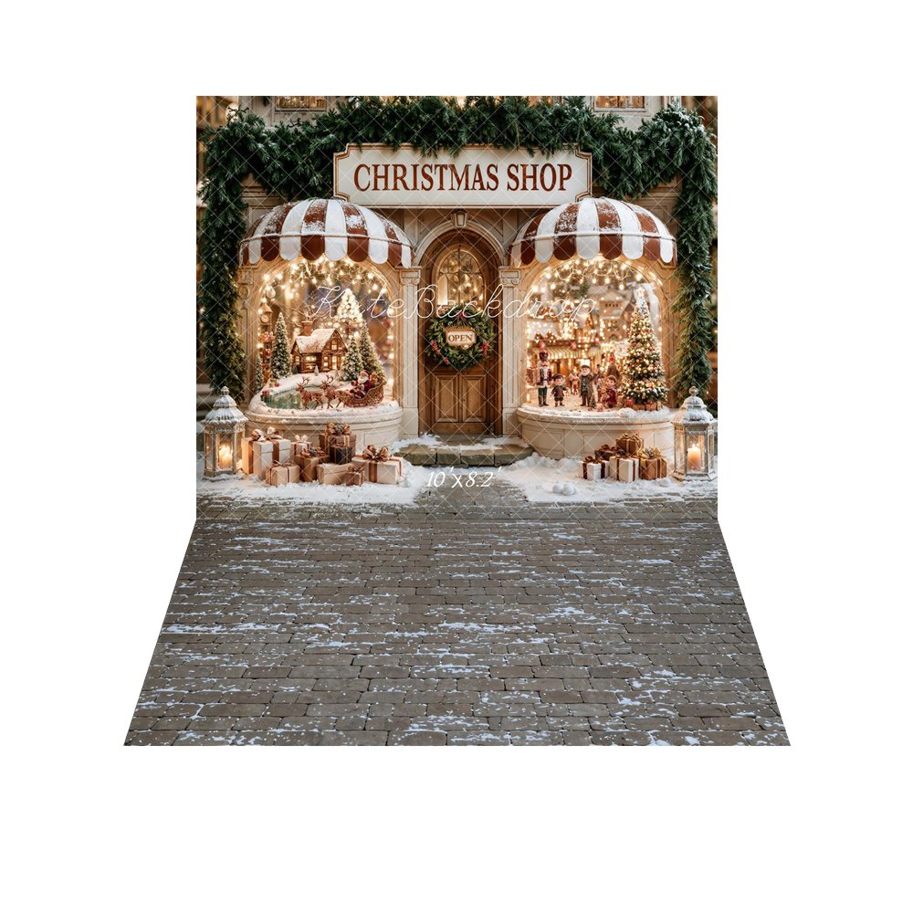Kate Christmas Shop Window Santa Sleigh Snow Gifts Printed Backdrop+Cobblestone Snow Floor Printed Backdrop