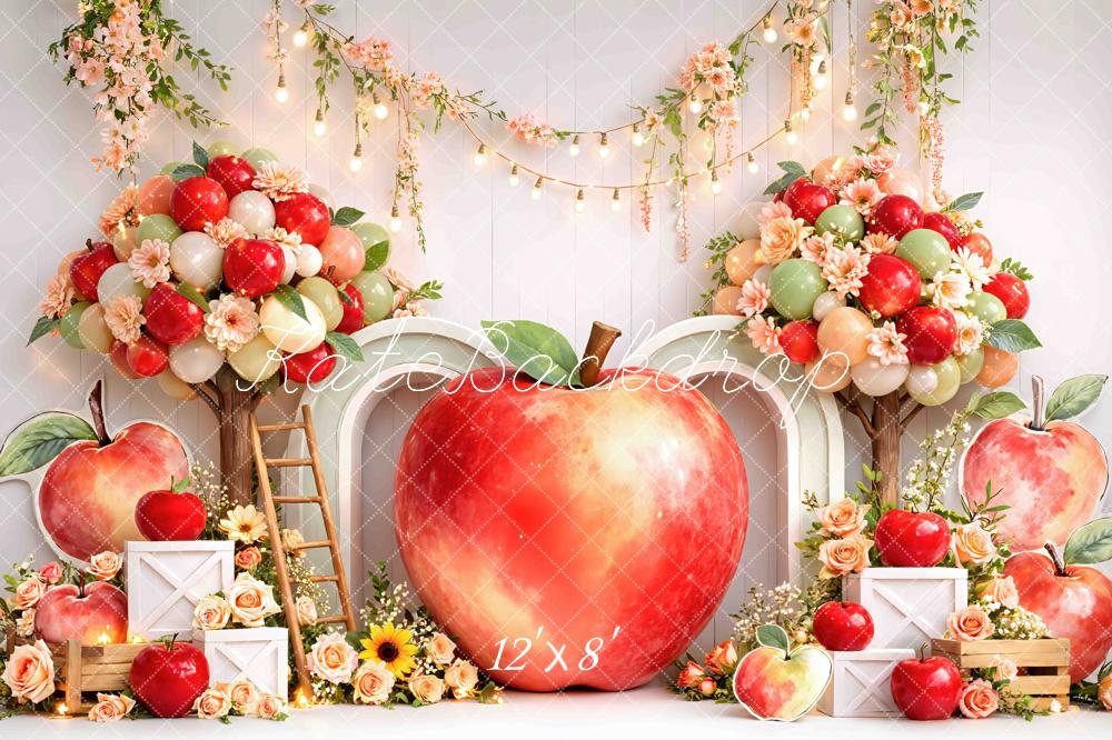 Kate Cake Smash Apple Balloon Arch Floral Crates Printed Backdrop Designed by Mini MakeBelieve