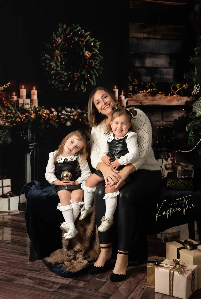 Kate Christmas Black Modern Fireplace Brown Wooden Fleece Backdrop Designed by Emetselch