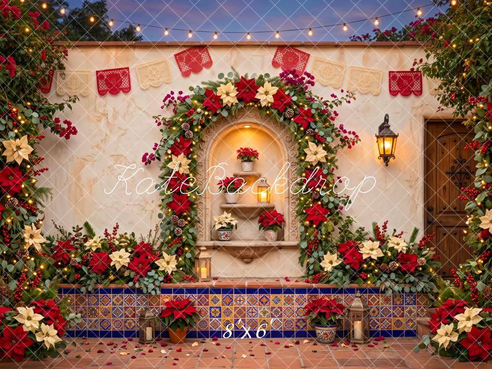 Kate Mexican Christmas Poinsettia Courtyard Floral Arch Printed Backdrop Designed by Patty Roberts