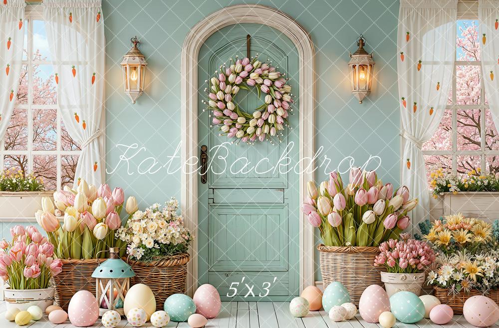 Kate Easter Bunny Pastel Eggs Tulip Wreath Door Backdrop Designed by Emetselch