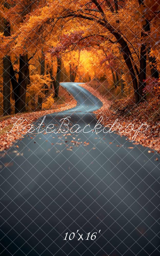 Kate Sweep Fall Winding Road Forest Orange Leaves Printed Backdrop Designed by Mini MakeBelieve
