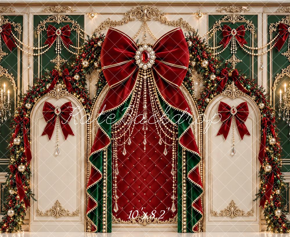 Kate Christmas Baroque Red Bow Wreath Ornate Printed Backdrop Designed by Ashley Paul