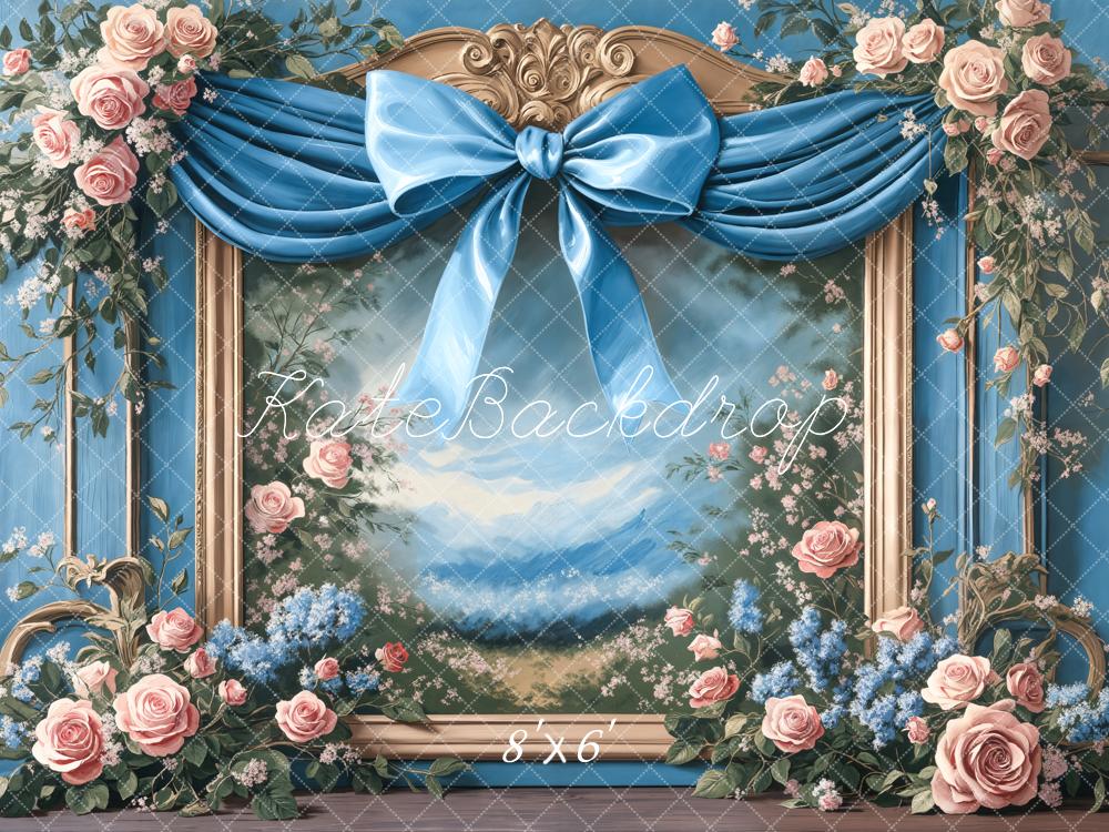 Kate Spring Floral Blue Bow Roses Framed Backdrop Designed by Emetselch