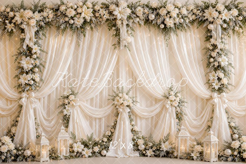 Kate Elegant Drapes Romantic White Flower Arch Lanterns Printed Backdrop Designed by Emetselch
