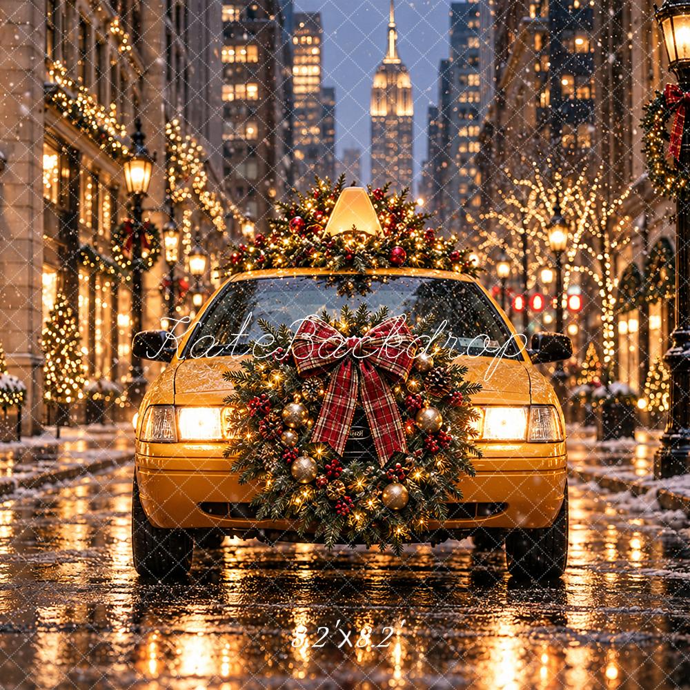Kate Christmas Yellow Taxi Snowy City Street Printed Backdrop Designed by Angela Miller
