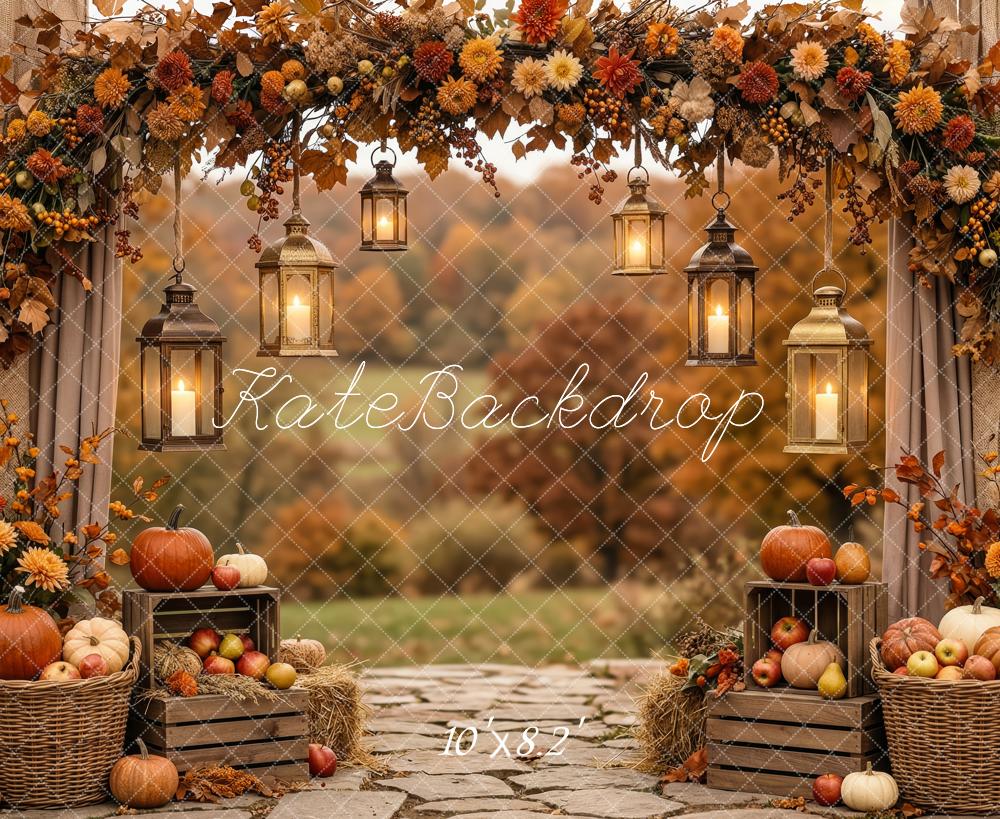 Kate Fall Flower Arch Pumpkins Lanterns Printed Backdrop Designed by Patty Roberts