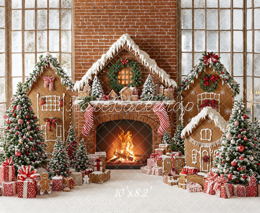 Kate Christmas Gingerbread Fireplace Trees Gifts Brick Wall Backdrop Designed by Emetselch