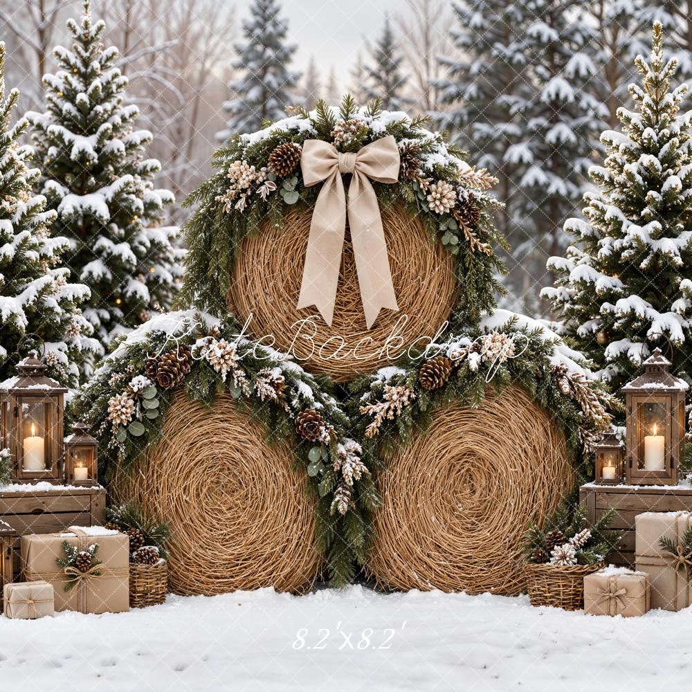 Kate Christmas Hay Bale Snowy Pine Trees Wreath Gift Lanterns Printed Backdrop Designed by Emetselch