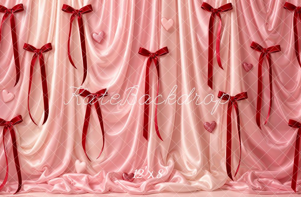 Kate Valentine's Day Pink Satin Drapes Ribbons Hearts Printed Backdrop Designed by Emetselch