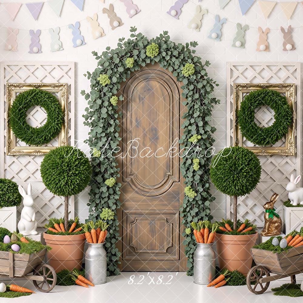 Kate Easter Bunny Wooden Door Carrots Wreaths Eggs Backdrop Designed by Mini MakeBelieve