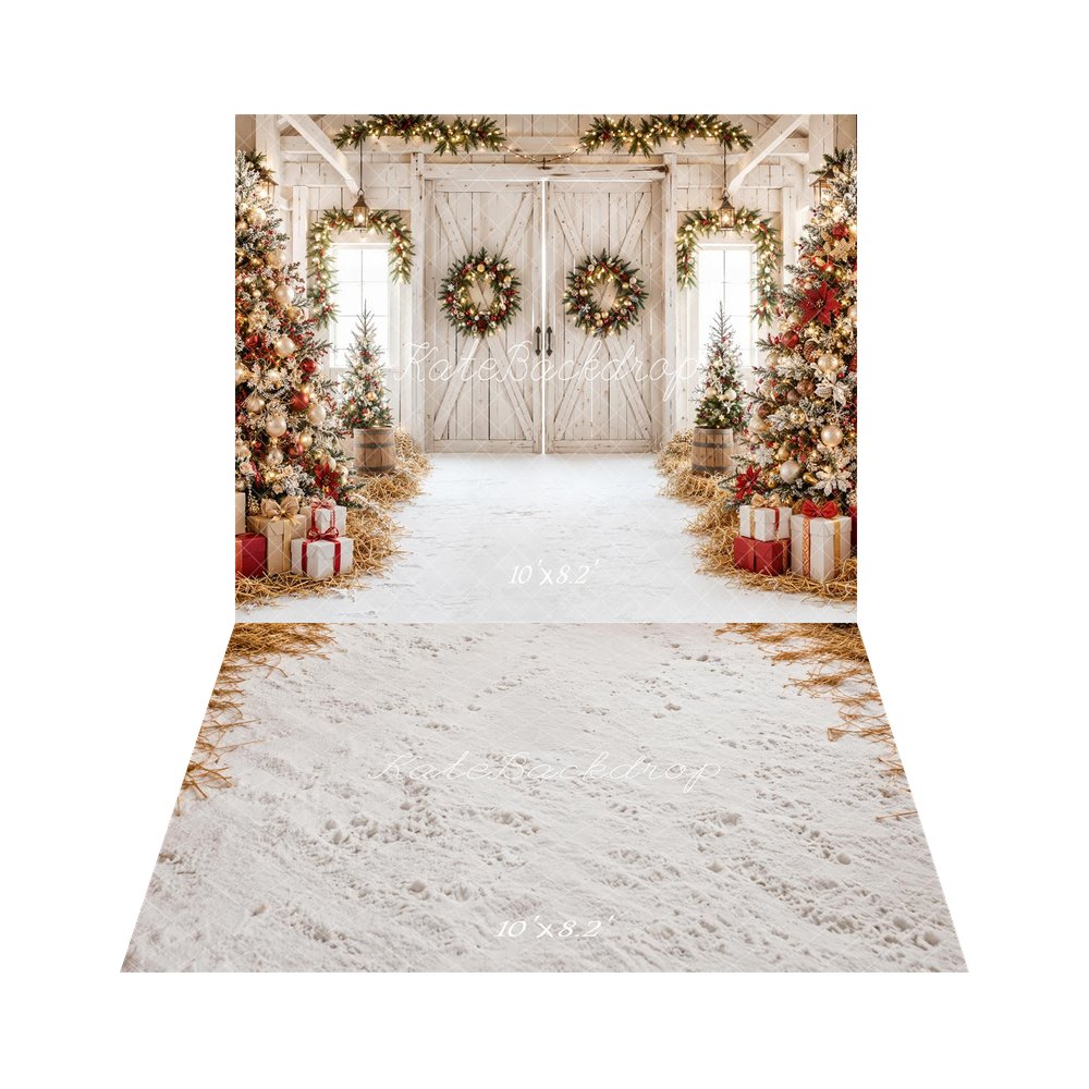 Kate Christmas Rustic White Barn Trees Wreaths Gifts Snow Printed Backdrop+Winter Snow Hay Floor Backdrop Printed Backdrop