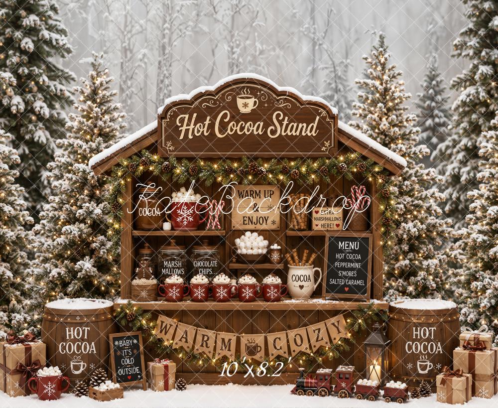 Kate Christmas Hot Cocoa Stand Snowy Forest Printed Backdrop Designed by Emetselch