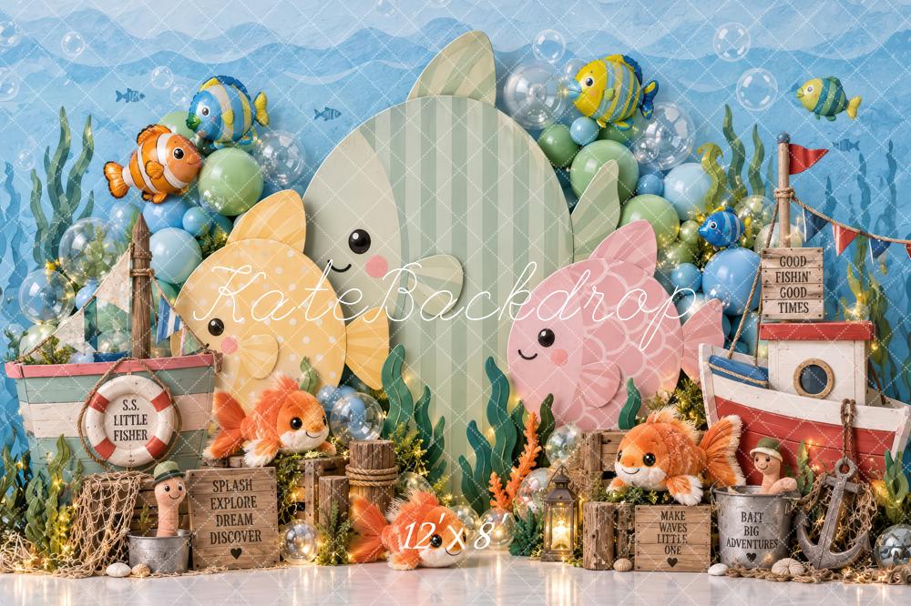 Kate Cake Smash Blue Underwater Fish Fishing Boat Printed Backdrop Designed by Laura Bybee