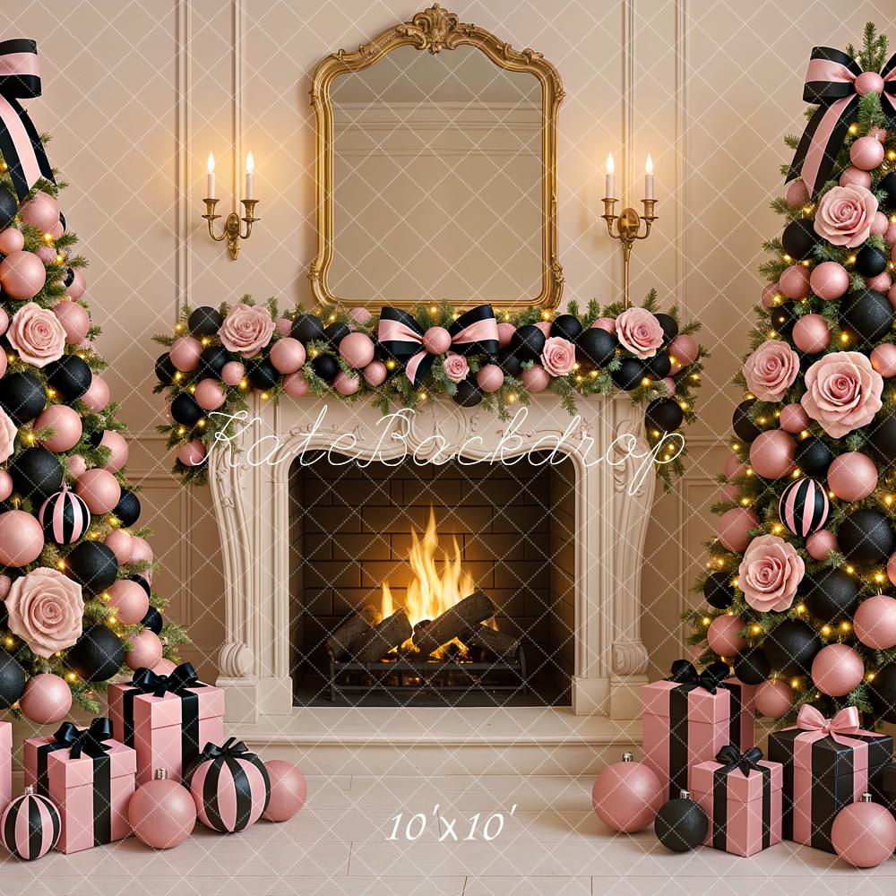 Kate Christmas Tree Pink Rose Fireplace Garland Printed Backdrop Designed by Ashley Paul