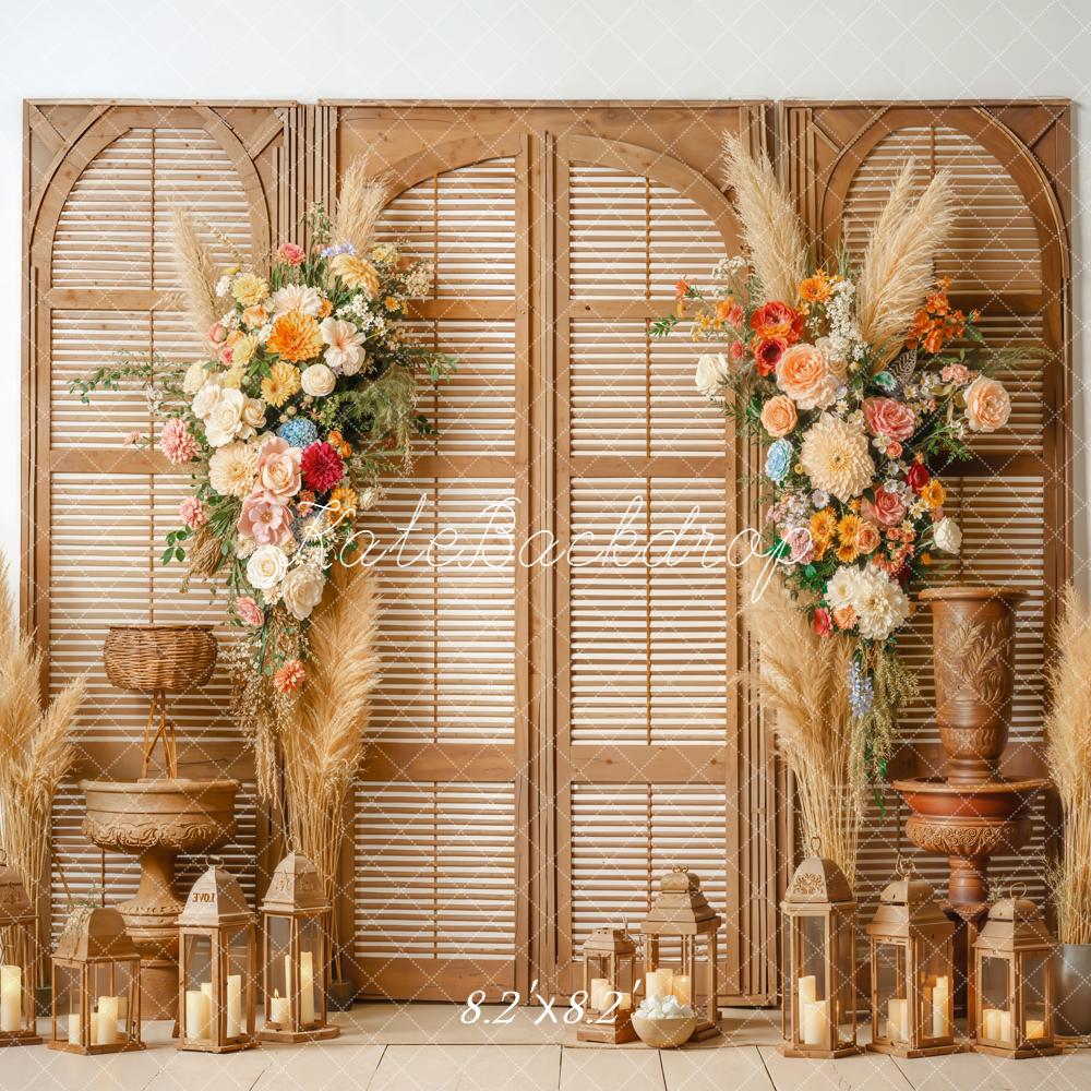 Kate Boho Pampas Grass Shutter Panel Lanterns Flowers Backdrop Designed by Emetselch