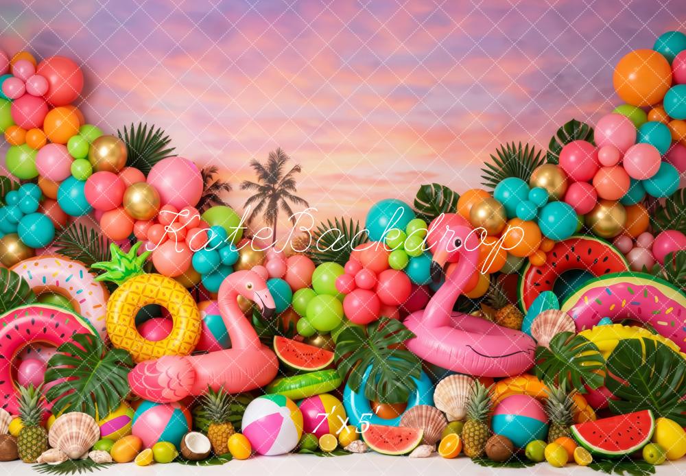 Kate Summer Vibrant Tropical Flamingo Balloons Fruit Palm Tree Sunset Printed Backdrop Designed by Patty Roberts