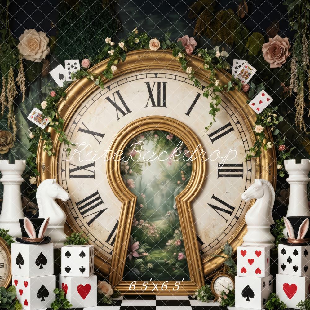 Kate Alice Garden Clock Room Wonderland Chessboard Playing Cards Printed Backdrop Designed by Patty Roberts