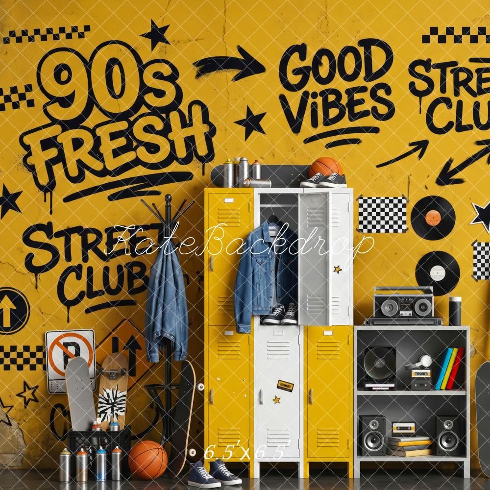 Kate School 90s Yellow Graffiti Locker Street Club Printed Backdrop Designed by Patty Roberts