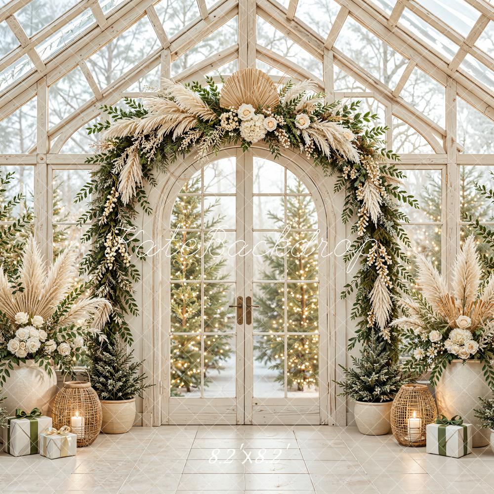 Kate Christmas Greenhouse Boho Floral Arch Evergreen Trees Printed Backdrop Designed by Emetselch