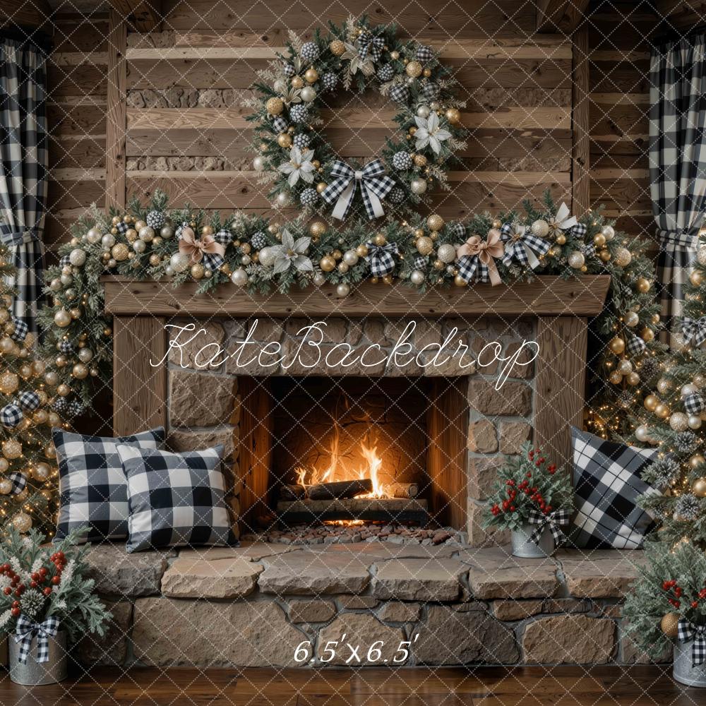Kate Christmas Stone Fireplace Buffalo Plaid Christmas Tree Wreath Garland Printed Backdrop Designed by Mini MakeBelieve