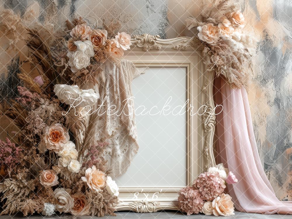 Kate Boho Floral Frame Vintage Beige Backdrop Designed by Mini MakeBelieve