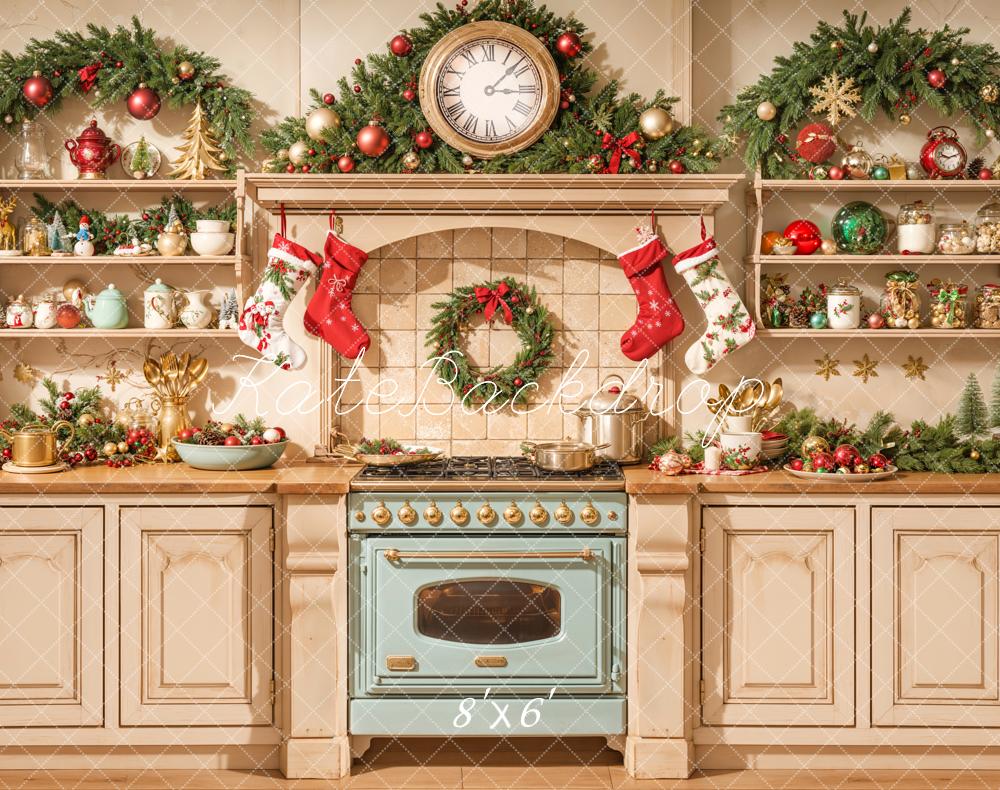 Kate Christmas Kitchen Cabinet Stove Stocking Backdrop Designed by Emetselch