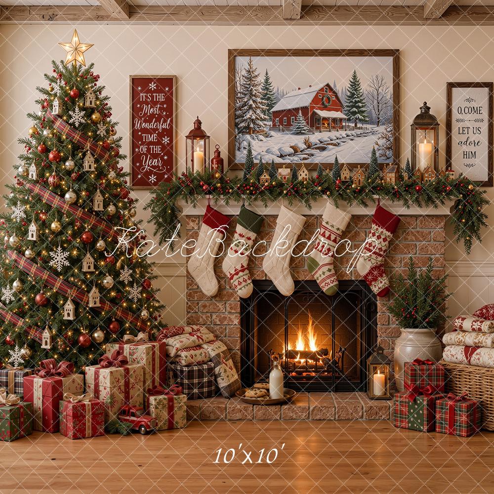 Kate Christmas Tree Stone Fireplace Gifts Stockings Rustic Printed Backdrop Designed by Shutter Swan Studios