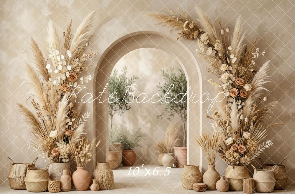 Kate Boho Flower Arch Pampas Grass Vases Beige Printed Backdrop Designed by Patty Roberts