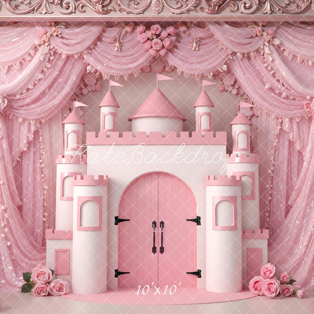 Kate Pink Castle Flower Arch Drapes Printed Backdrop Designed by Mini MakeBelieve