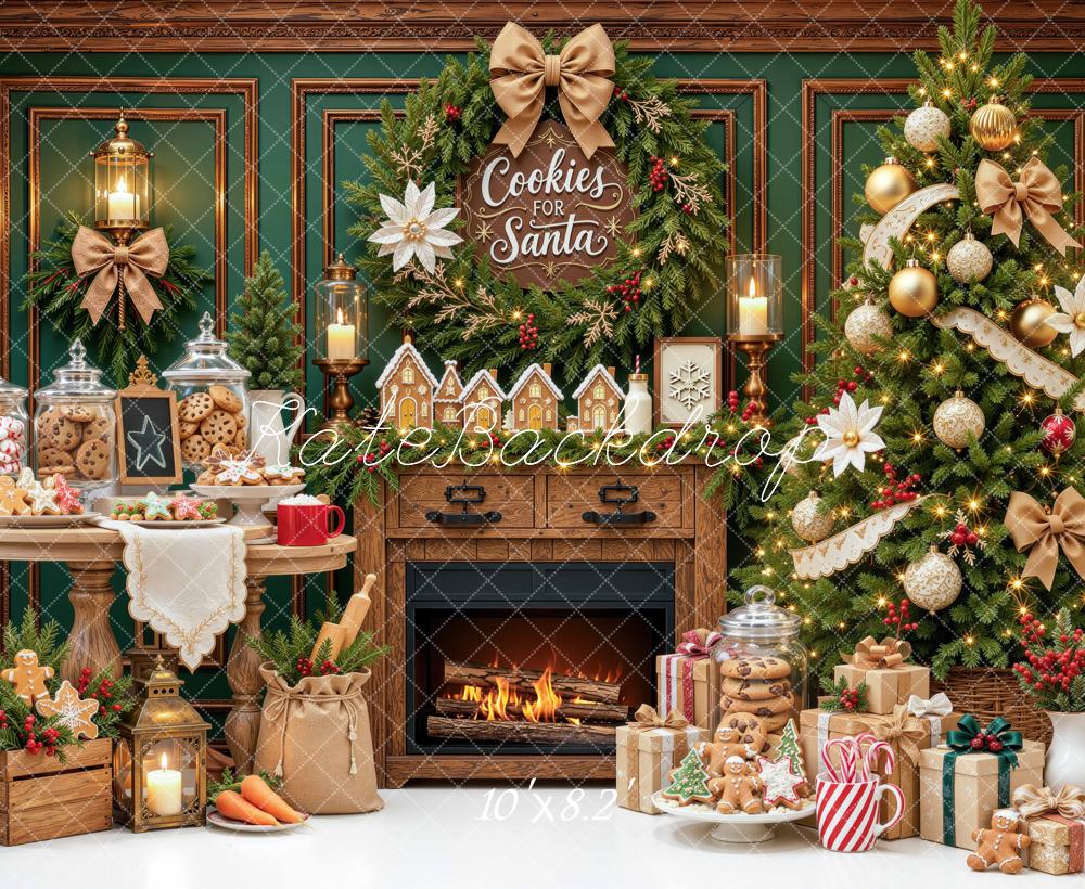 Kate Christmas Fireplace Cookies Tree Baking Green Printed Backdrop Designed by Mini MakeBelieve