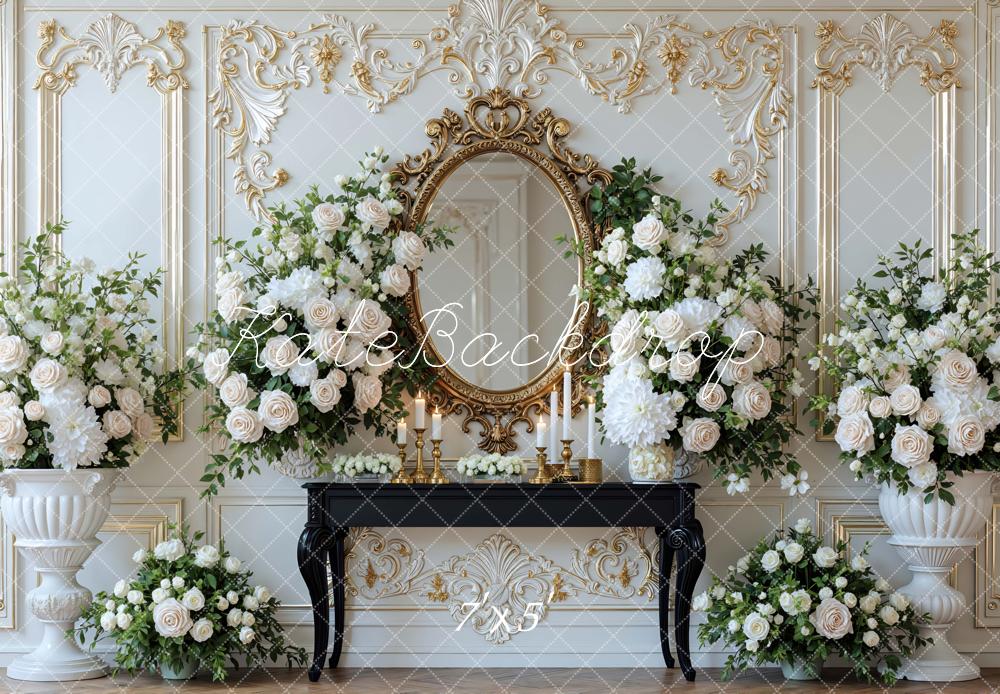 Kate Elegant Gold Mirror White Floral Arrangement Backdrop Designed by Mini MakeBelieve