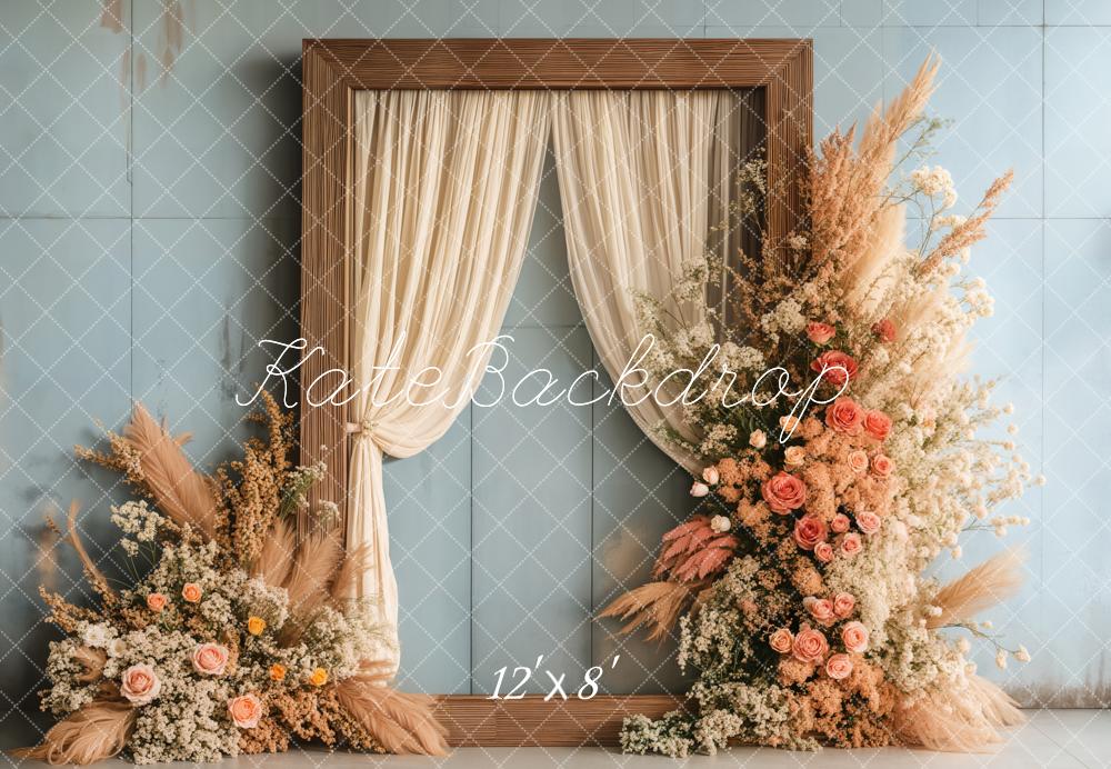 Kate Boho Floral Pampas Grass Window Curtain Backdrop Designed by Emetselch