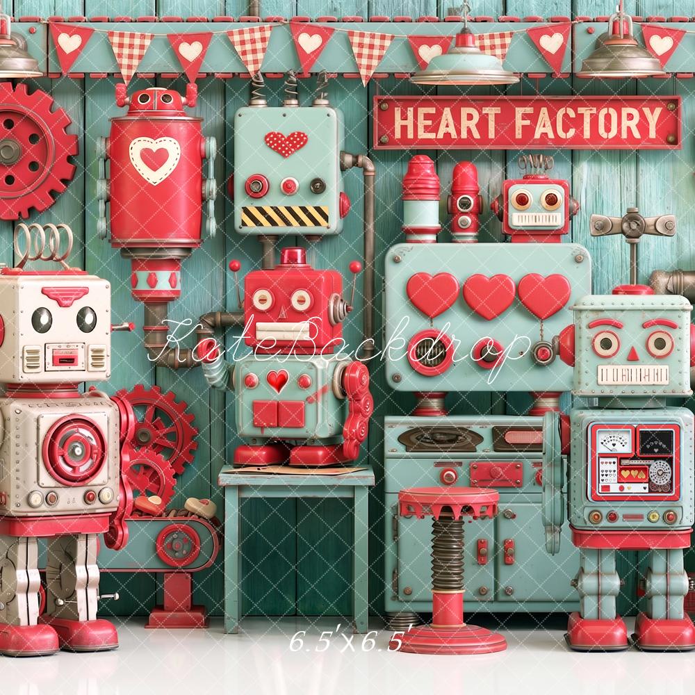 Kate Valentine's Day Robot Heart Factory Printed Backdrop Designed by Angela Miller