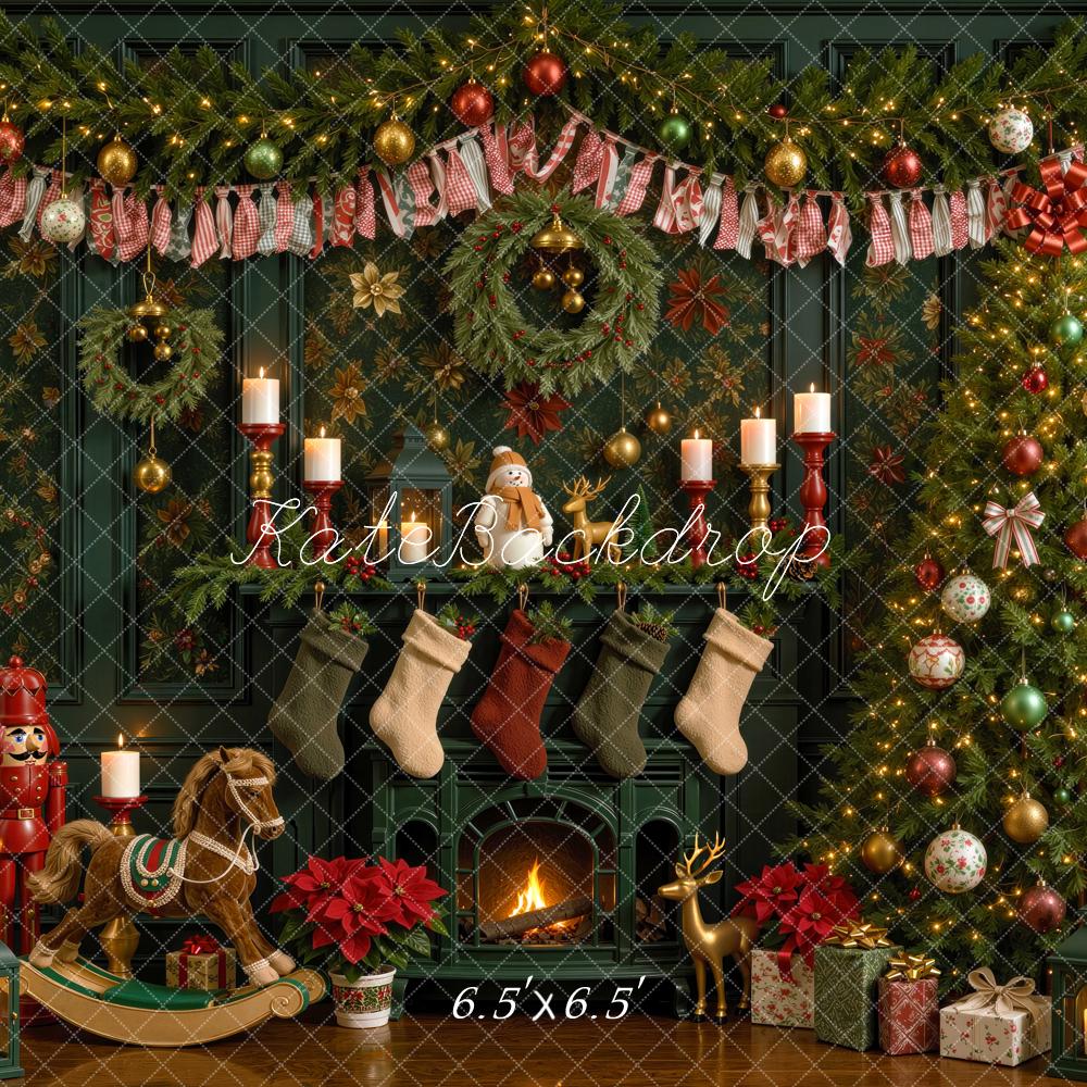 Kate Christmas Tree Green Fireplace Rocking Horse Printed Backdrop Designed by Mini MakeBelieve