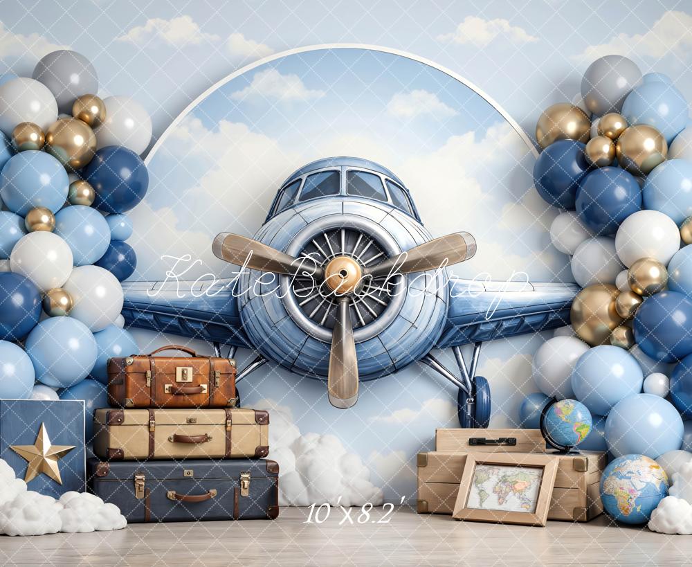 Kate Cake Smash Airplane Blue Balloons Clouds Suitcases Printed Backdrop Designed by Mini MakeBelieve