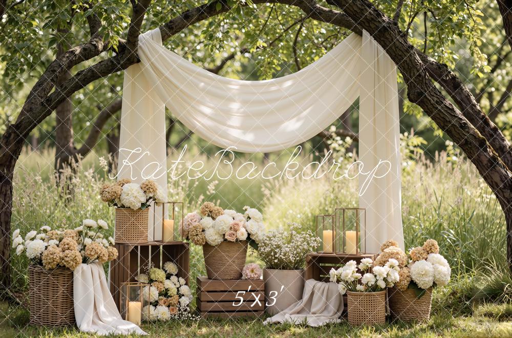 Kate Flower Arch Cream Drapes Rustic Baskets Printed Backdrop Designed by Mini MakeBelieve