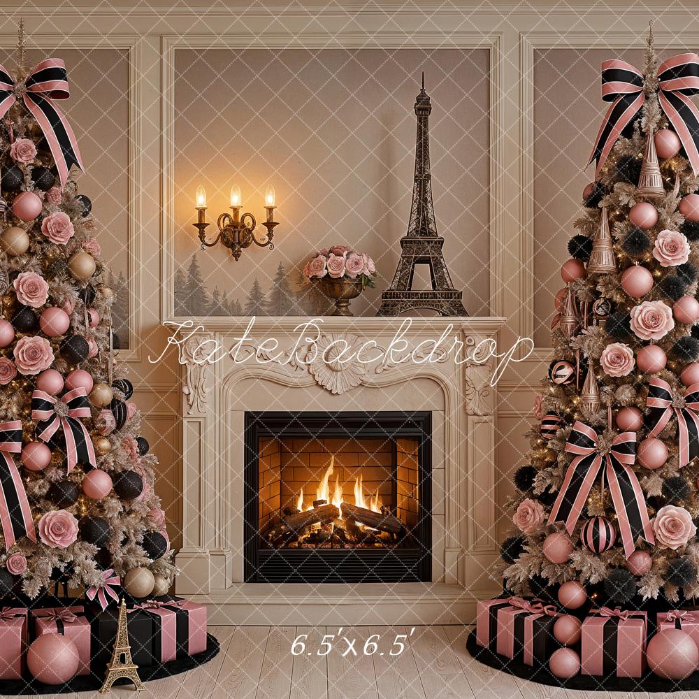 Kate Christmas Tree Pink Eiffel Tower Fireplace Chic Backdrop Designed by Ashley Paul