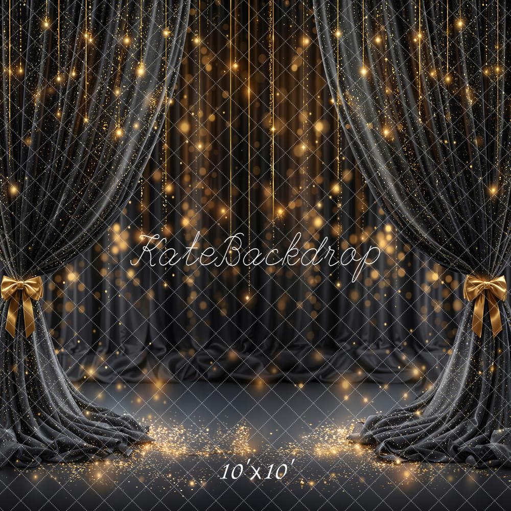 Kate Black Curtain Gold Glitter Bow Lights Stage Backdrop Designed by Emetselch